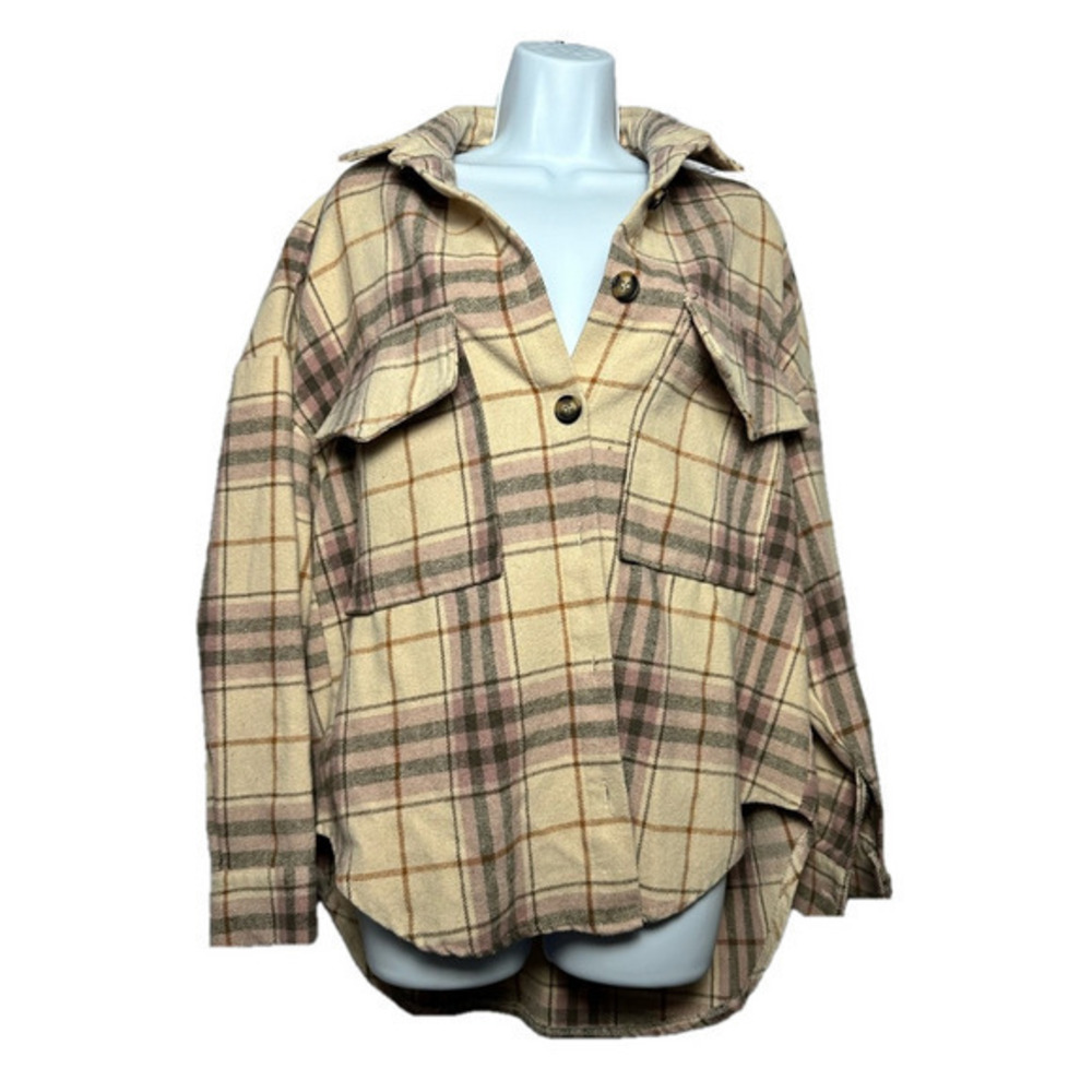 Cream/pink/grey super heavy duty button down plaid shirt